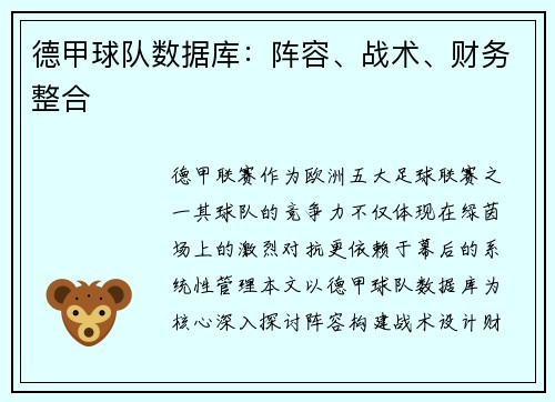 德甲球队数据库：阵容、战术、财务整合